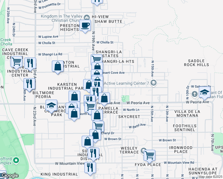 map of restaurants, bars, coffee shops, grocery stores, and more near 10633 North 17th Drive in Phoenix