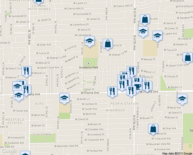 map of restaurants, bars, coffee shops, grocery stores, and more near 10803 North 70th Avenue in Peoria