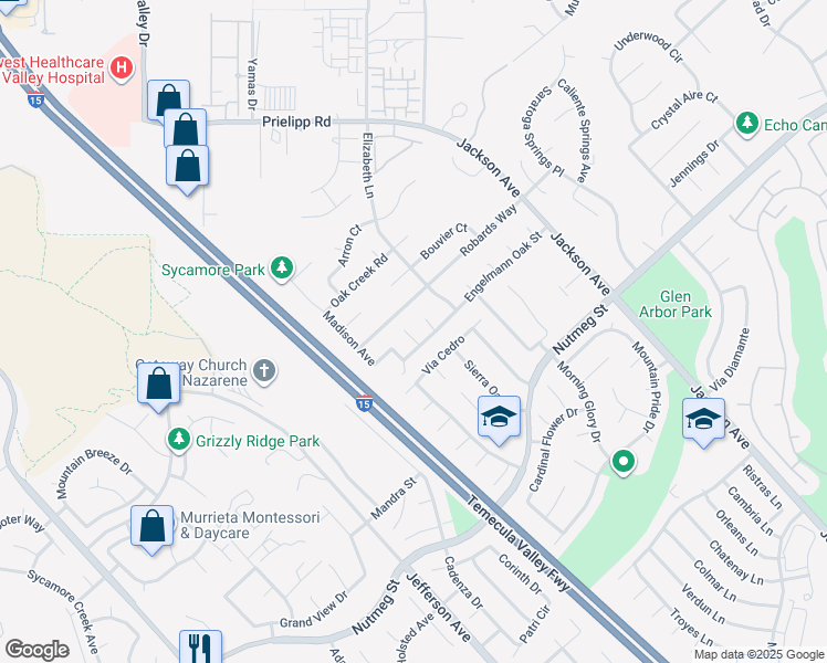 map of restaurants, bars, coffee shops, grocery stores, and more near 23607 Coast Live Oak Lane in Murrieta