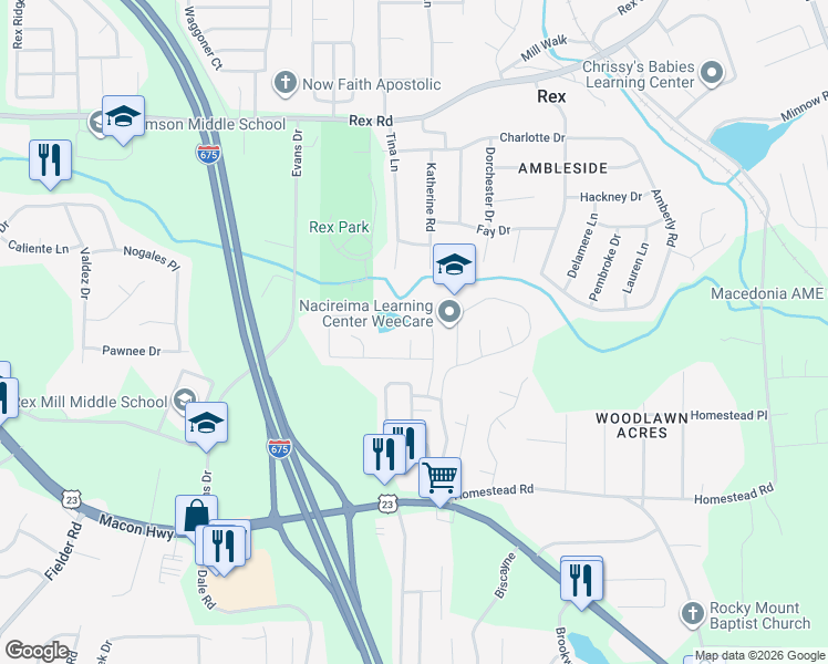 map of restaurants, bars, coffee shops, grocery stores, and more near 6262 Canoe Trce in Rex