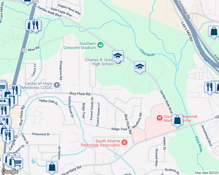 map of restaurants, bars, coffee shops, grocery stores, and more near 249 Shelburn Drive in Riverdale