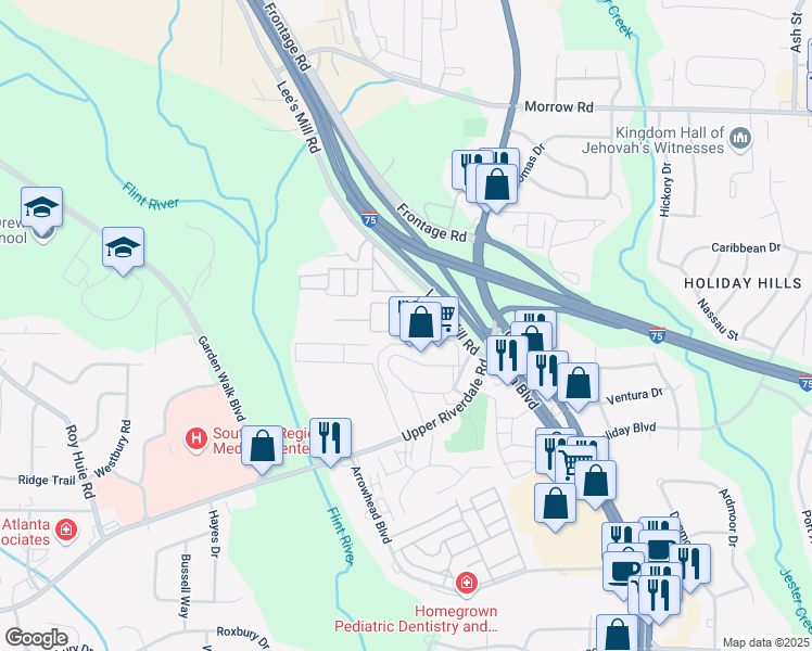 map of restaurants, bars, coffee shops, grocery stores, and more near 6265 Lee's Mill Road in Jonesboro