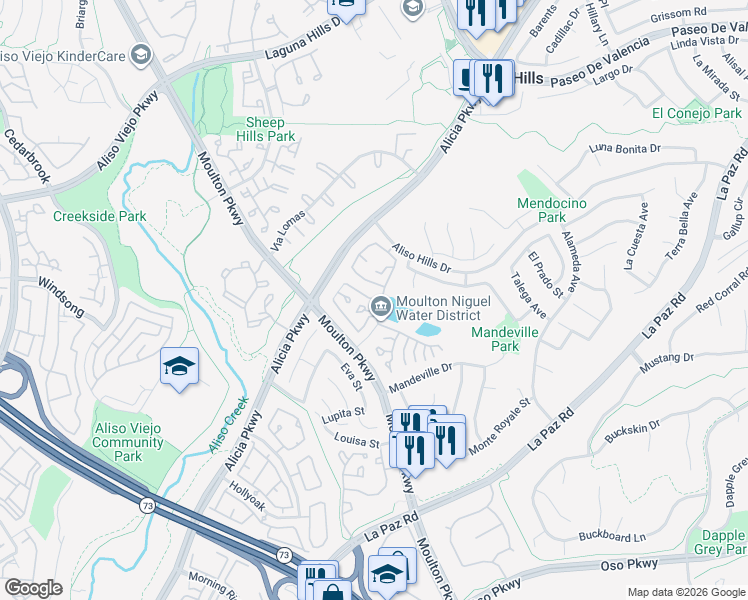 map of restaurants, bars, coffee shops, grocery stores, and more near 26171 Sunnyglen Avenue in Laguna Hills