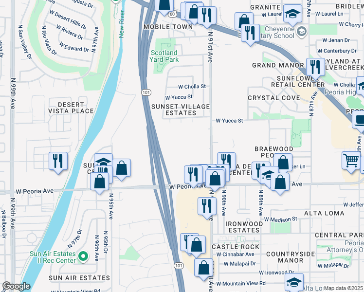 map of restaurants, bars, coffee shops, grocery stores, and more near 10810 North 91st Avenue in Peoria