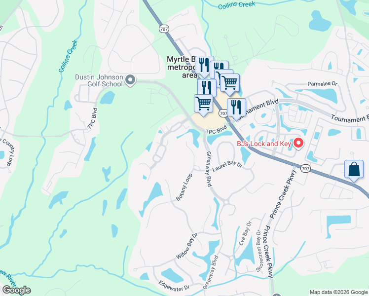 map of restaurants, bars, coffee shops, grocery stores, and more near 783 Botany Loop in Murrells Inlet