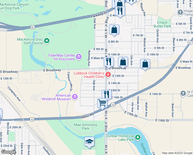 map of restaurants, bars, coffee shops, grocery stores, and more near 1504 East 13th Street in Lubbock