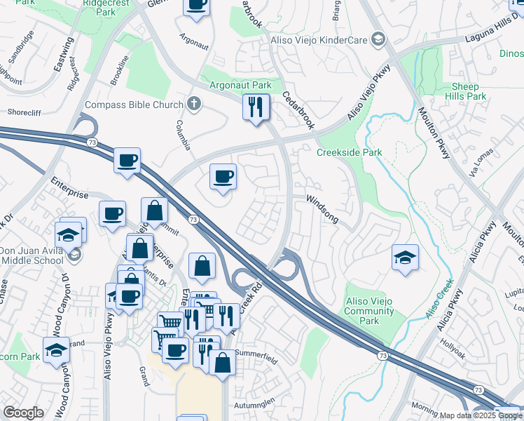 map of restaurants, bars, coffee shops, grocery stores, and more near 27 Windgate in Aliso Viejo