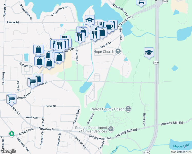 map of restaurants, bars, coffee shops, grocery stores, and more near 1170 Cedar Street in Carrollton