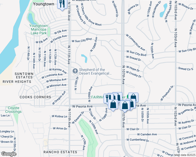 map of restaurants, bars, coffee shops, grocery stores, and more near 10852 North 109th Avenue in Sun City