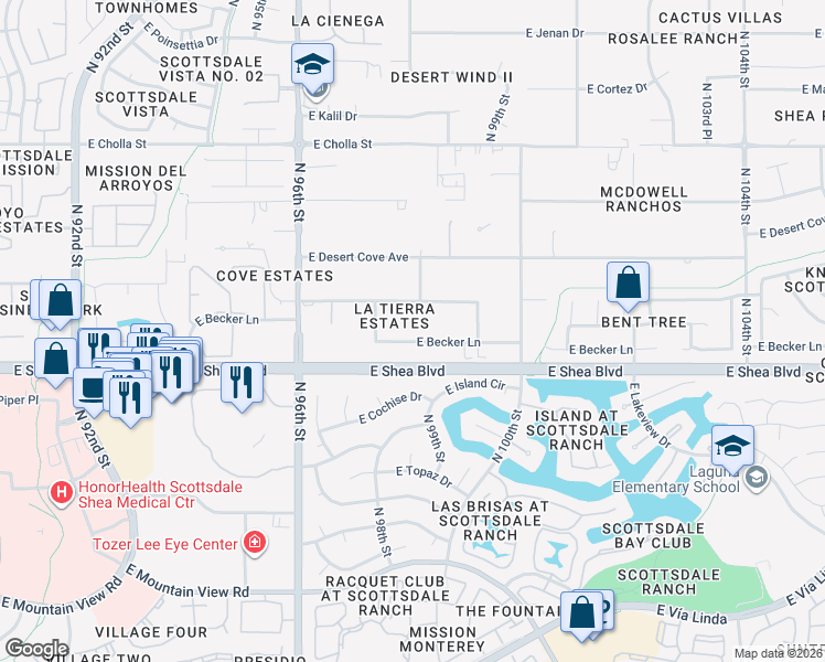 map of restaurants, bars, coffee shops, grocery stores, and more near 9734 East Becker Lane in Scottsdale