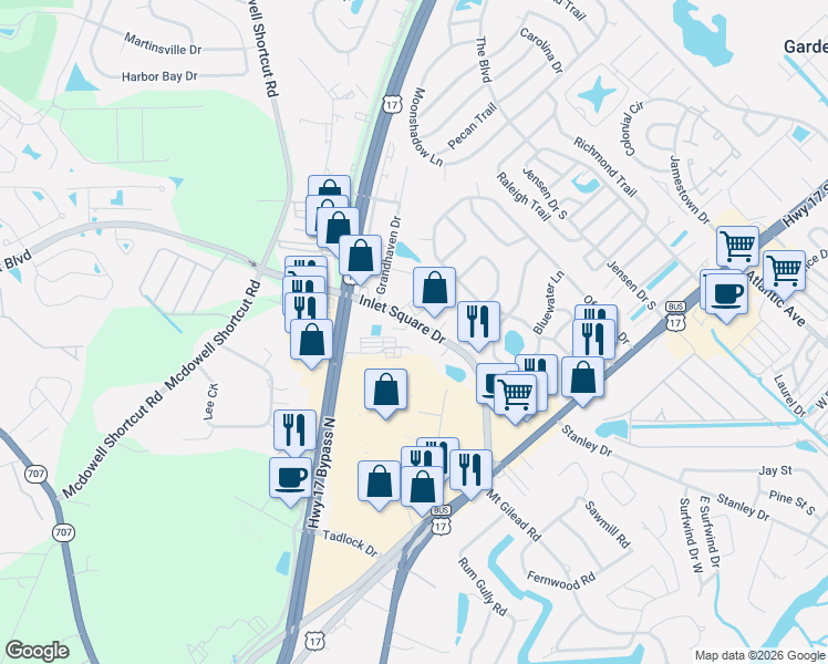 map of restaurants, bars, coffee shops, grocery stores, and more near 889 Inlet Square Drive in Murrells Inlet