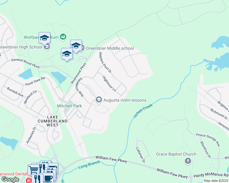 map of restaurants, bars, coffee shops, grocery stores, and more near 1146 Highmoor Lane in Evans