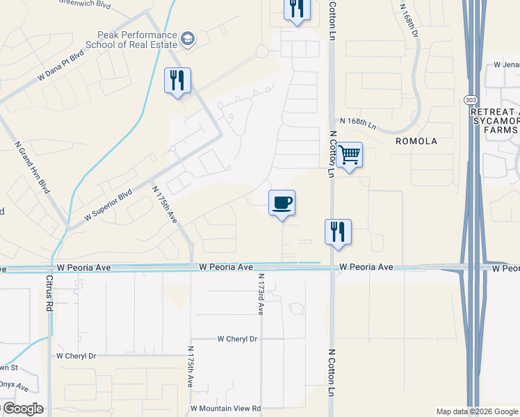 map of restaurants, bars, coffee shops, grocery stores, and more near 17100 West Peoria Avenue in Surprise