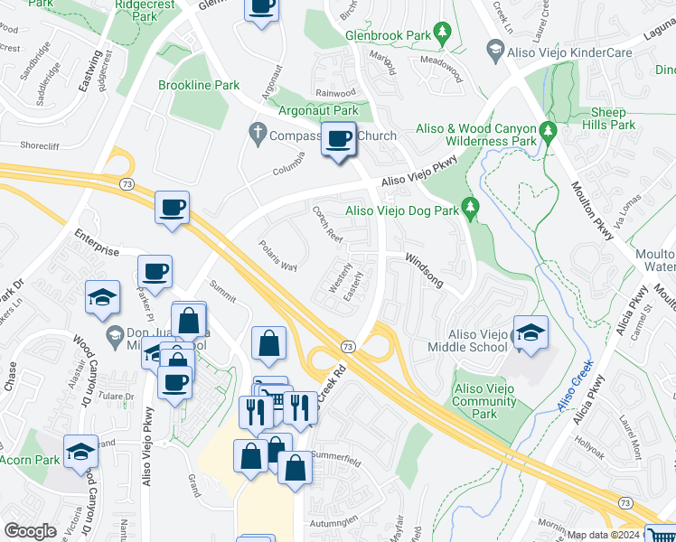 map of restaurants, bars, coffee shops, grocery stores, and more near 25 Willow Wind in Aliso Viejo