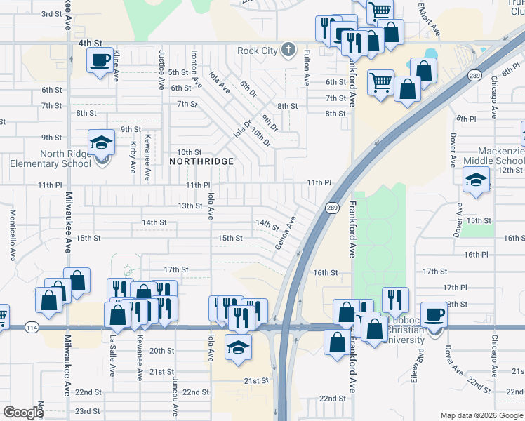 map of restaurants, bars, coffee shops, grocery stores, and more near in Lubbock