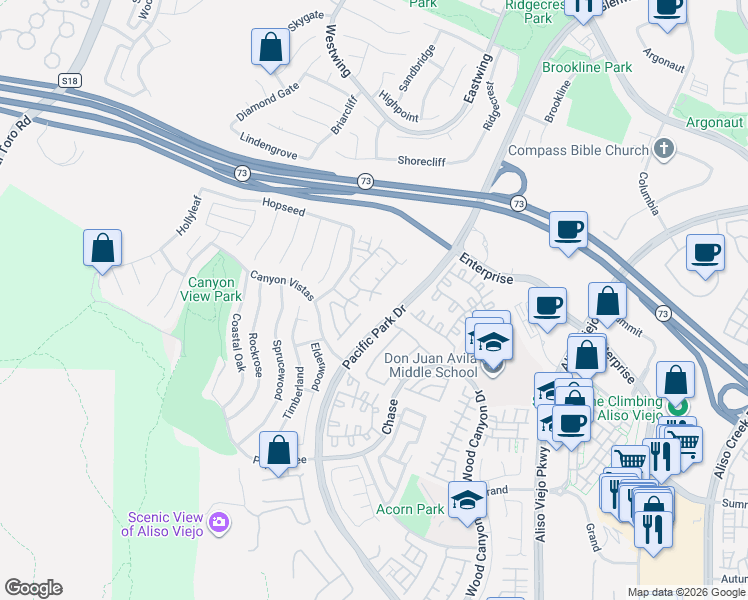 map of restaurants, bars, coffee shops, grocery stores, and more near 4 Woodcrest Lane in Aliso Viejo