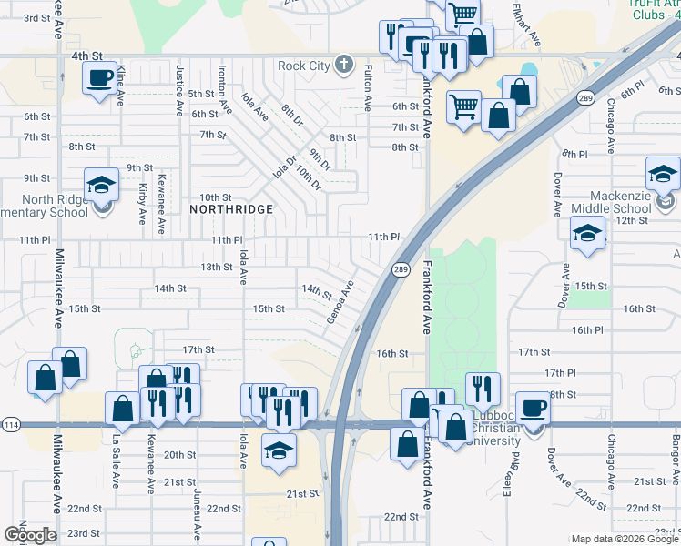 map of restaurants, bars, coffee shops, grocery stores, and more near 5909 13th Street in Lubbock