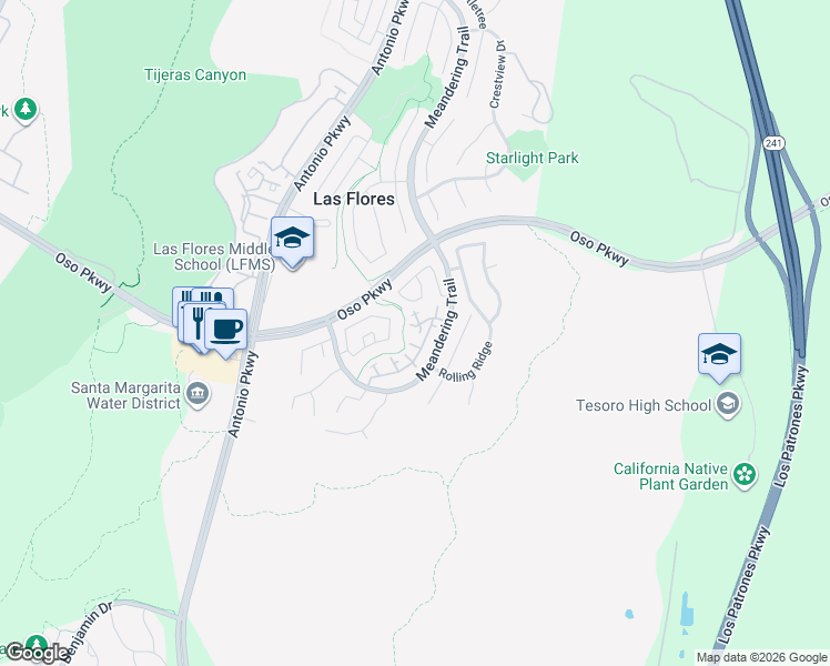 map of restaurants, bars, coffee shops, grocery stores, and more near 14 Poppyfield Lane in Rancho Santa Margarita