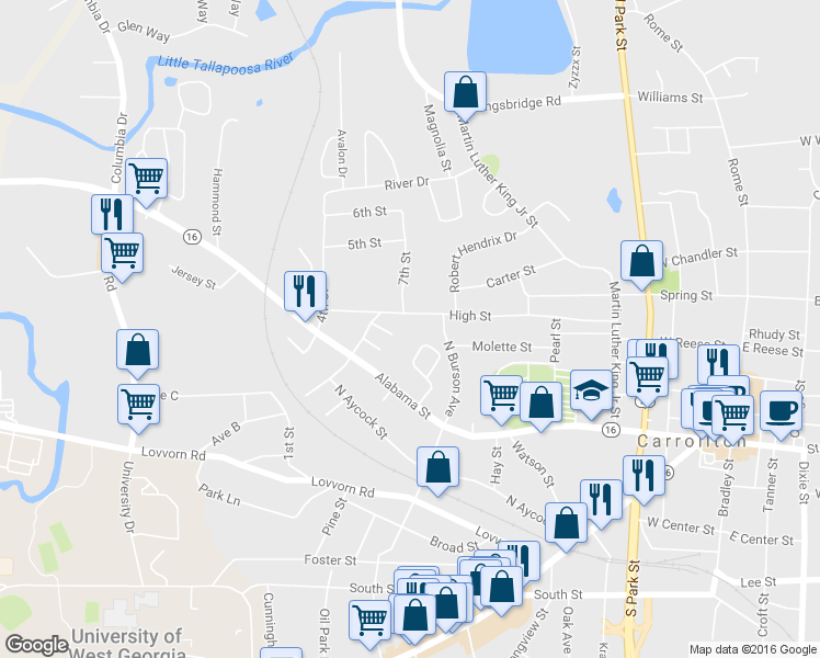 map of restaurants, bars, coffee shops, grocery stores, and more near 113 Luckie Street in Carrollton