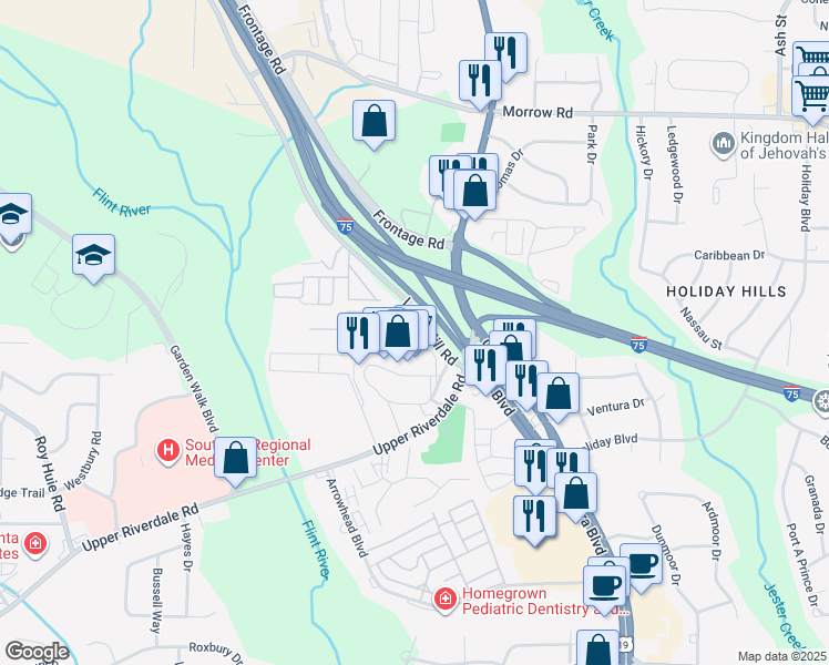 map of restaurants, bars, coffee shops, grocery stores, and more near 335 Upper Riverdale Road in Jonesboro