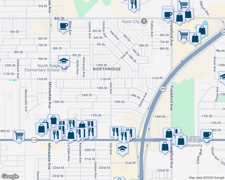 map of restaurants, bars, coffee shops, grocery stores, and more near 6027 13th Street in Lubbock