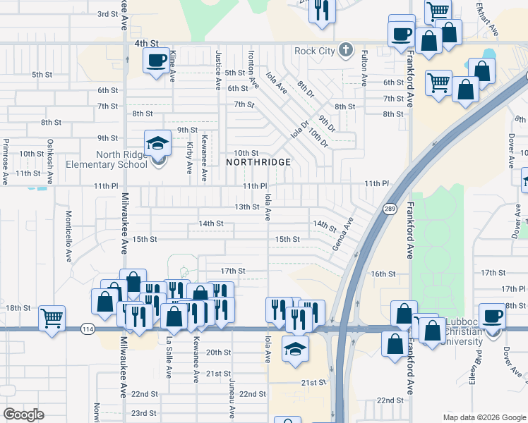 map of restaurants, bars, coffee shops, grocery stores, and more near 6101 13th Street in Lubbock