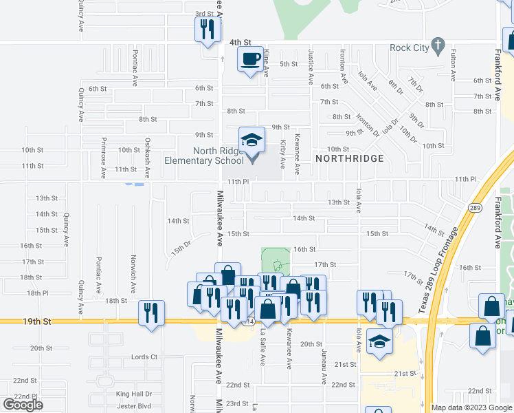map of restaurants, bars, coffee shops, grocery stores, and more near 6327 13th Street in Lubbock
