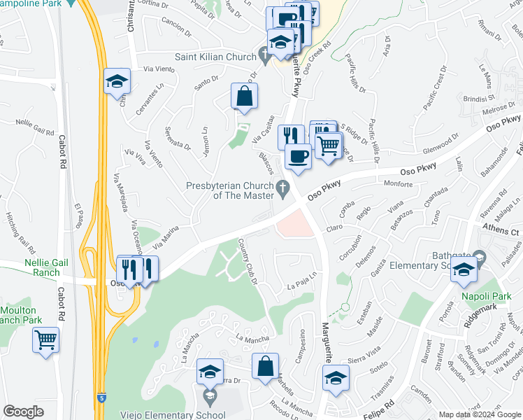 map of restaurants, bars, coffee shops, grocery stores, and more near 26823 Poveda in Mission Viejo