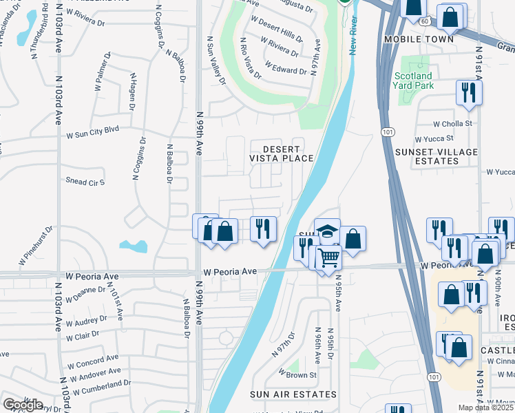 map of restaurants, bars, coffee shops, grocery stores, and more near 10701 North 99th Avenue in Peoria