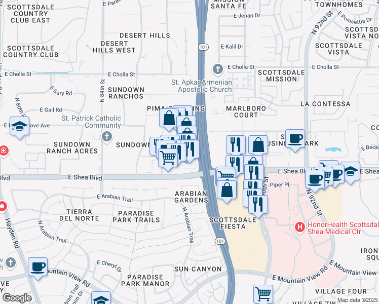 map of restaurants, bars, coffee shops, grocery stores, and more near 8752 East Shea Boulevard in Scottsdale