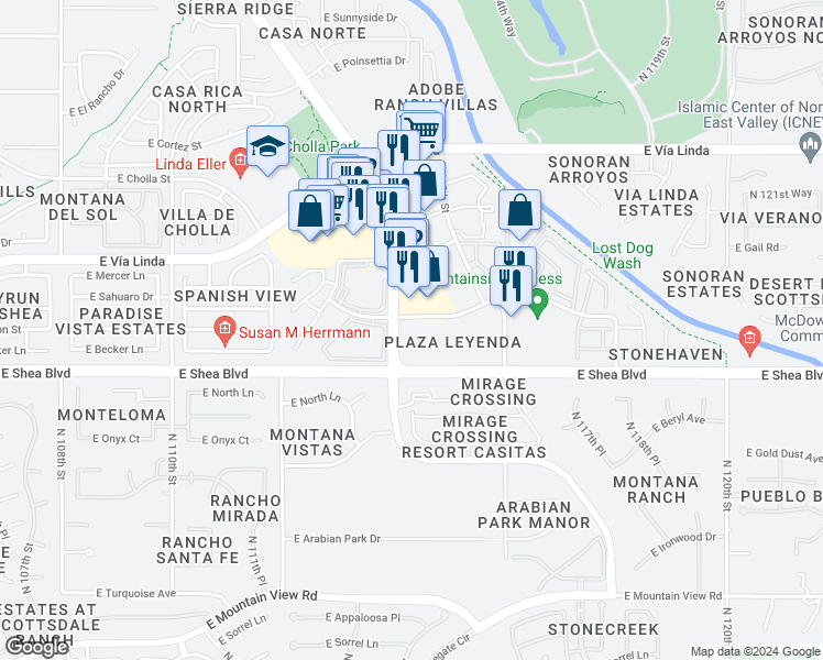 map of restaurants, bars, coffee shops, grocery stores, and more near 10781 North Frank Lloyd Wright Boulevard in Scottsdale