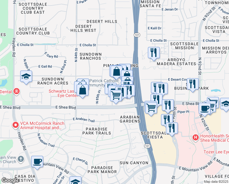 map of restaurants, bars, coffee shops, grocery stores, and more near 8642 East Shea Boulevard in Scottsdale