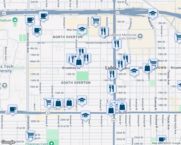 map of restaurants, bars, coffee shops, grocery stores, and more near 1915 13th Street in Lubbock