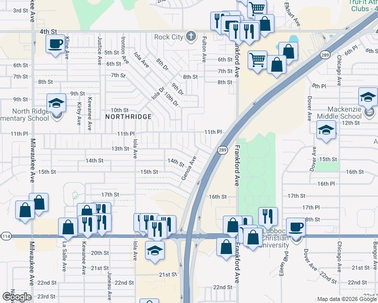map of restaurants, bars, coffee shops, grocery stores, and more near 5909 13th Street in Lubbock