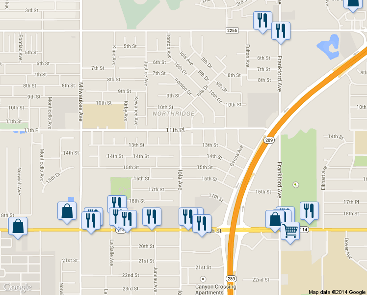 map of restaurants, bars, coffee shops, grocery stores, and more near 6014 14th Street in Lubbock