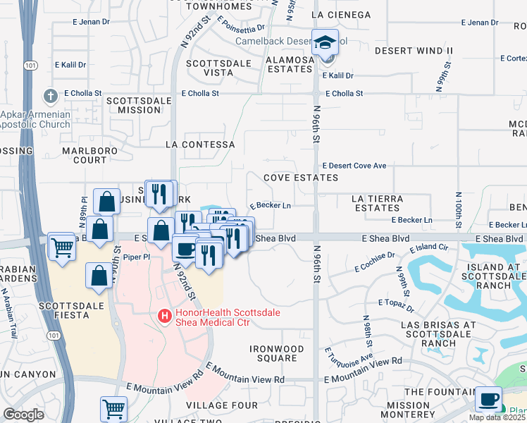 map of restaurants, bars, coffee shops, grocery stores, and more near 9451 East Becker Lane in Scottsdale