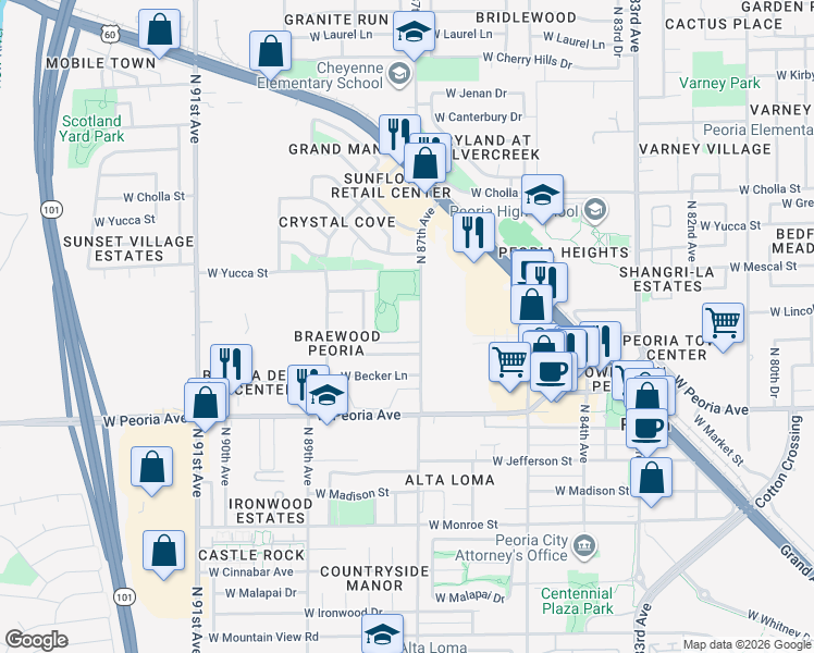 map of restaurants, bars, coffee shops, grocery stores, and more near 10950 North 86th Lane in Peoria