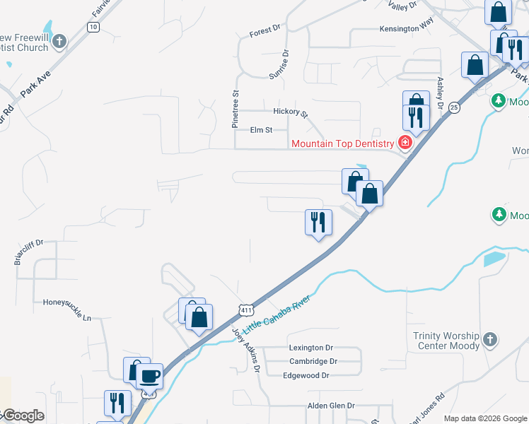 map of restaurants, bars, coffee shops, grocery stores, and more near 3089 Vintage Way in Moody