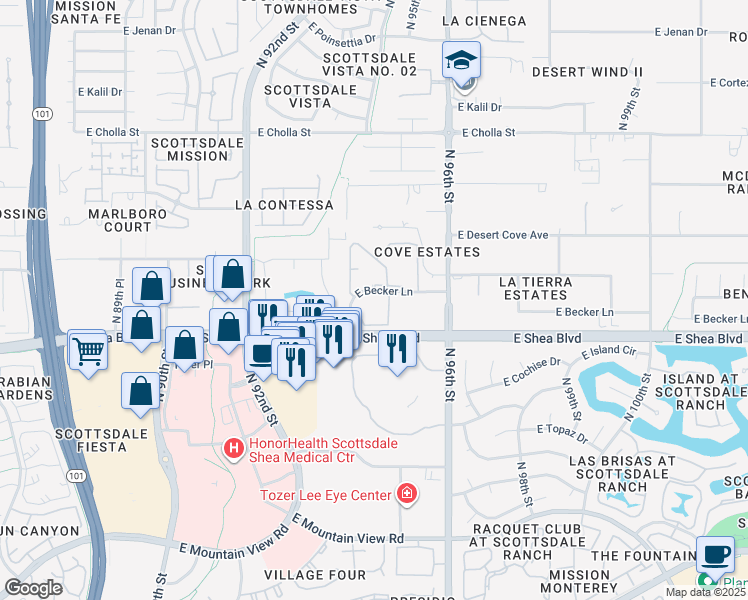 map of restaurants, bars, coffee shops, grocery stores, and more near 9451 East Becker Lane in Scottsdale