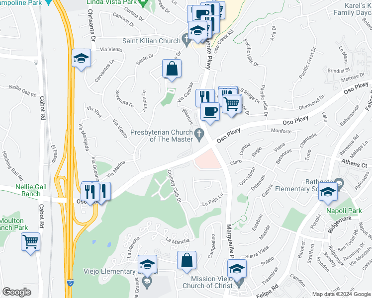 map of restaurants, bars, coffee shops, grocery stores, and more near 26837 Poveda in Mission Viejo