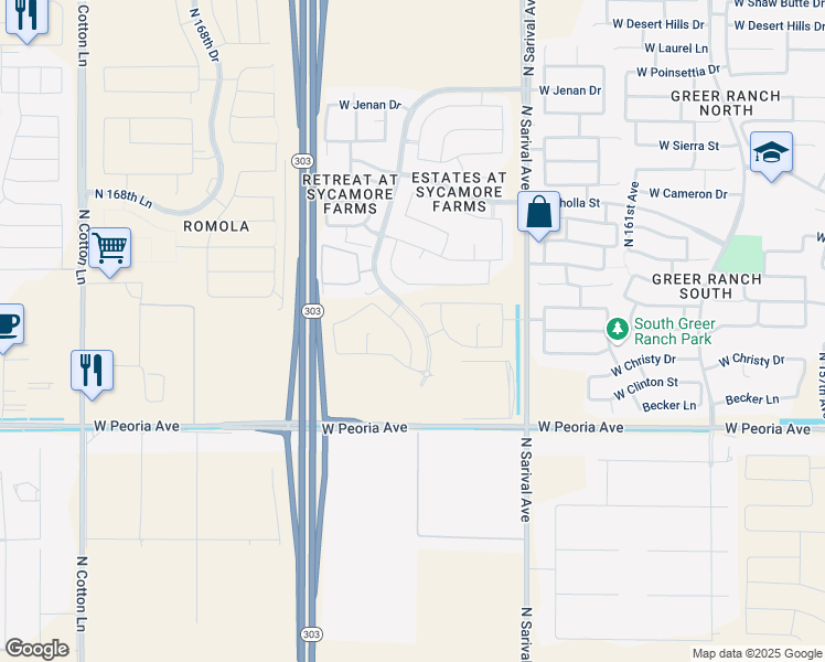 map of restaurants, bars, coffee shops, grocery stores, and more near North 165th Drive in Surprise