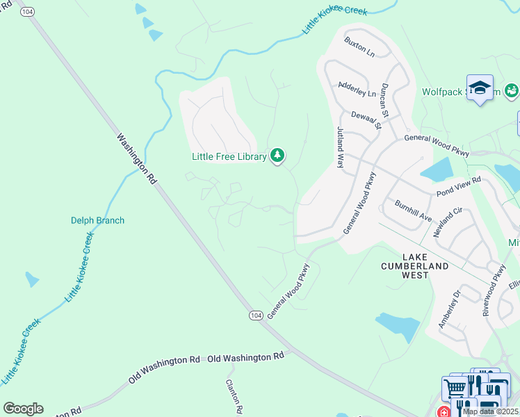 map of restaurants, bars, coffee shops, grocery stores, and more near 120 Lullwater Drive in Evans