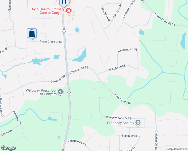 map of restaurants, bars, coffee shops, grocery stores, and more near 1145 Christian Circle Southeast in Conyers