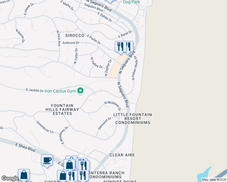 map of restaurants, bars, coffee shops, grocery stores, and more near 10650 North Devlin Circle in Fountain Hills