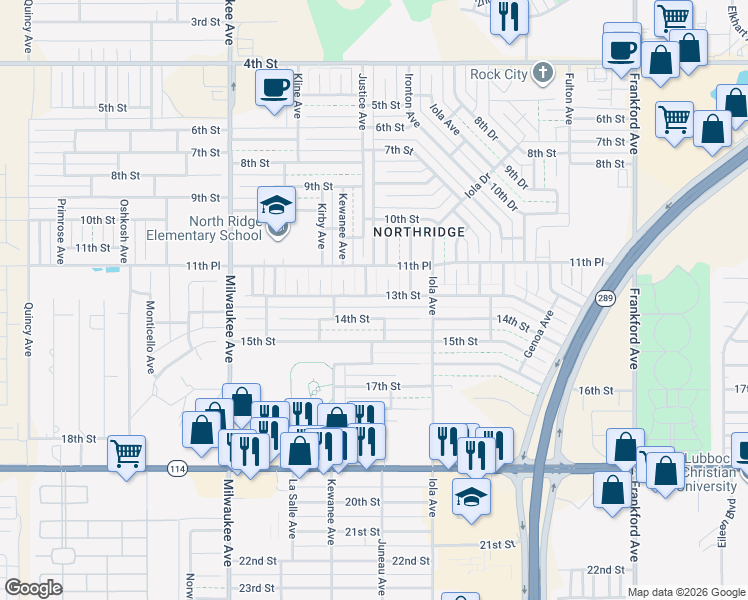 map of restaurants, bars, coffee shops, grocery stores, and more near 6202 14th Street in Lubbock