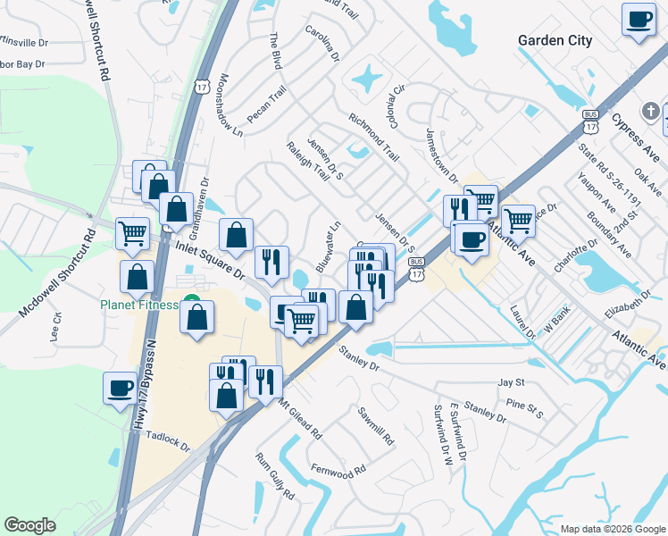 map of restaurants, bars, coffee shops, grocery stores, and more near 23 Shamrock Circle in Murrells Inlet