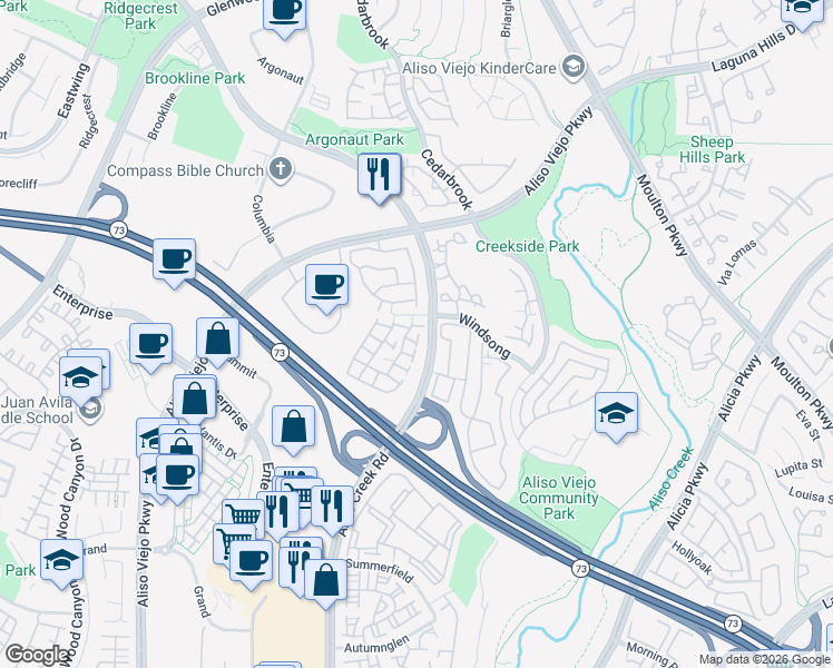 map of restaurants, bars, coffee shops, grocery stores, and more near 25 Softwind in Aliso Viejo