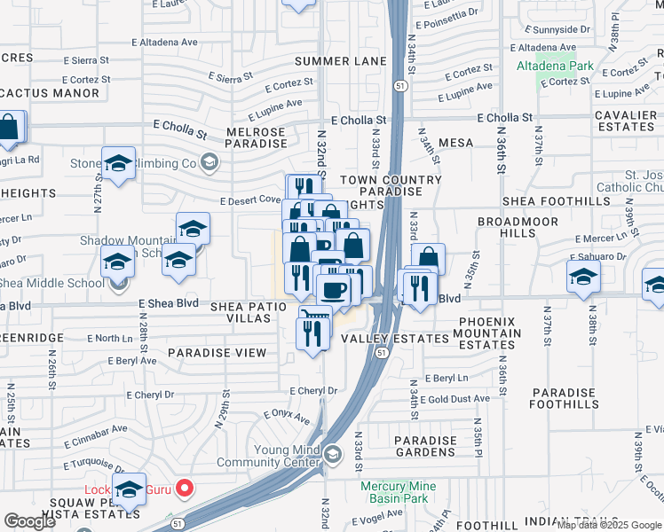 map of restaurants, bars, coffee shops, grocery stores, and more near 3222 East Shea Boulevard in Phoenix