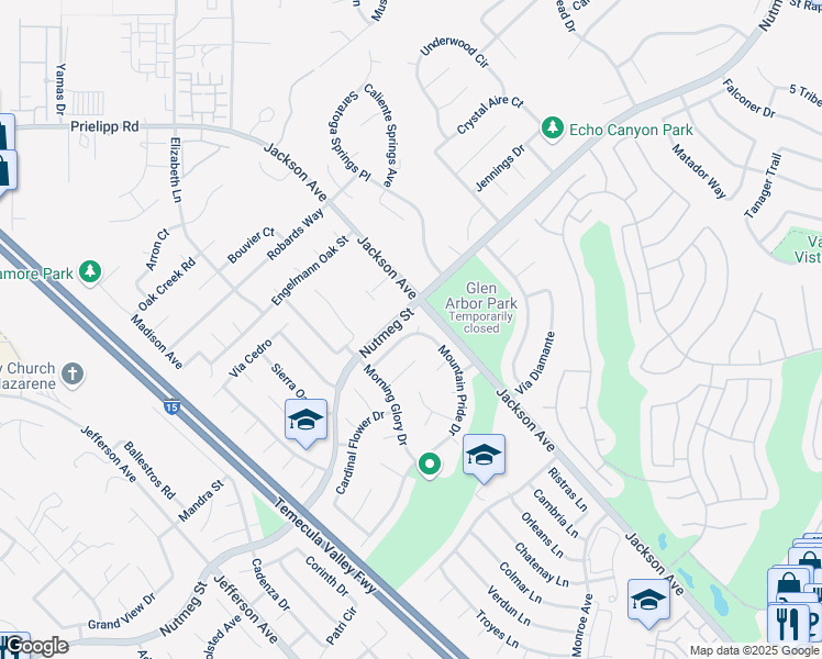 map of restaurants, bars, coffee shops, grocery stores, and more near 40723 Mountain Pride Drive in Murrieta
