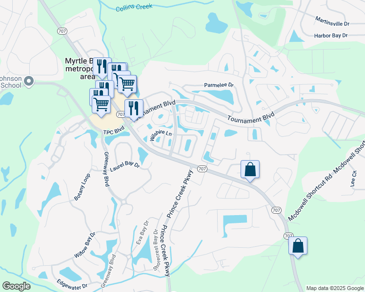 map of restaurants, bars, coffee shops, grocery stores, and more near 149 Wimbledon Way in Murrells Inlet